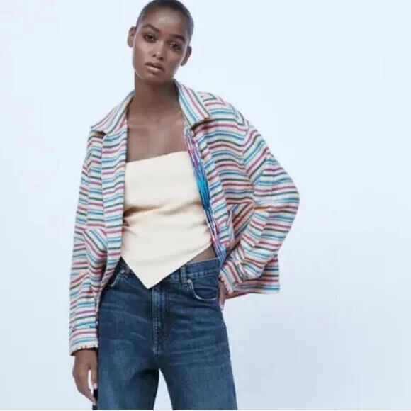 ZARA Open Front Jacket Overshirt M Textured Multicolor Striped Embroidered Boho - Picture 2 of 12
